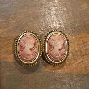 Fashion Jewelry Pink Cameo Oval Drop Earrings with Gold-Tone Frame